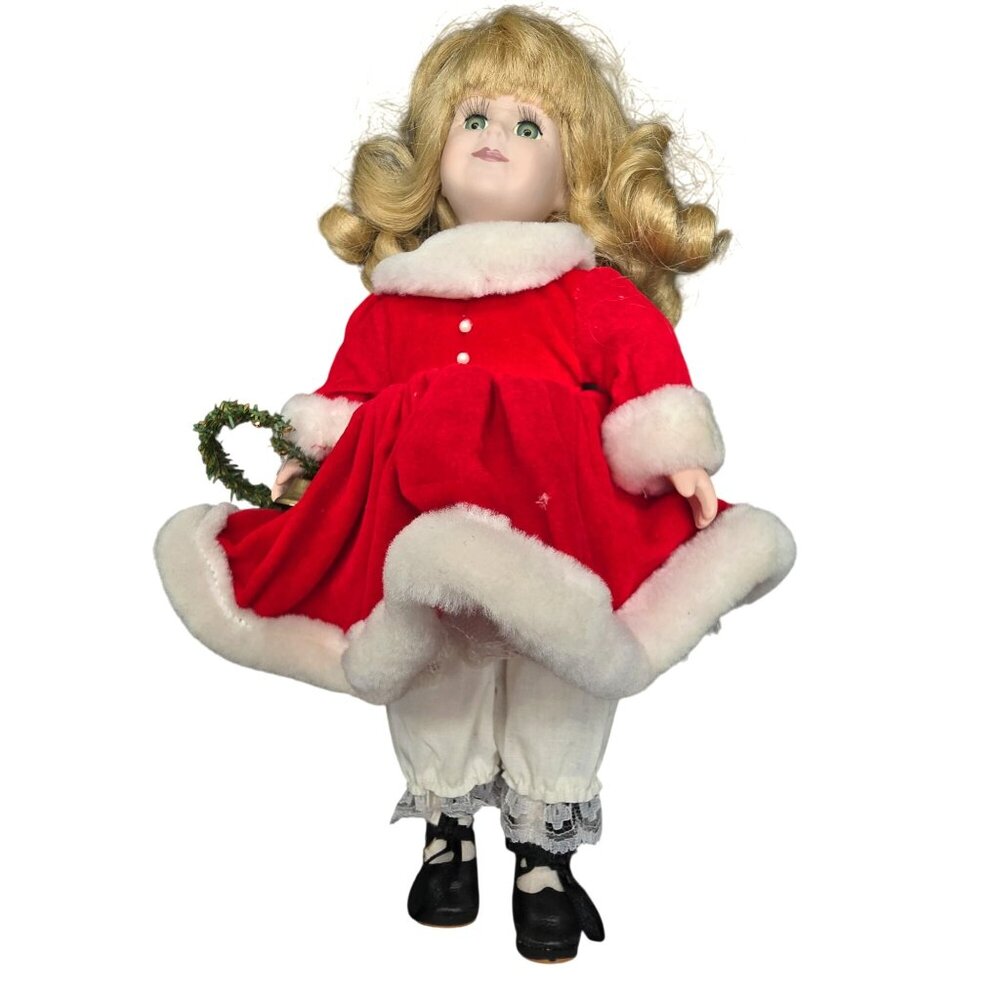 Vintage Porcelain Christmas Doll Blonde Hair Green Eyes Red Velvet Dress JJ3826